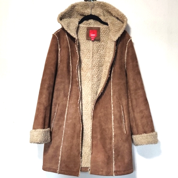 Vintage 80's/90's Esprit Faux Suede Sherpa Lined w/Hood Coat Large - Picture 12 of 12